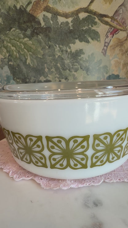 Vintage Pyrex Verde Square Flowers Casserole Dish 475-B with Lid