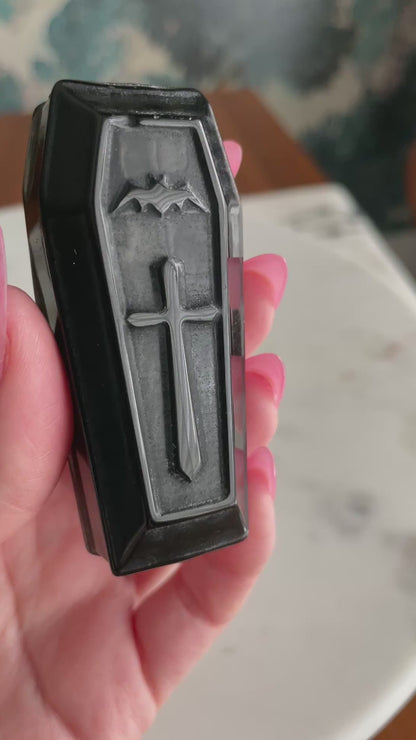 2.5 inch crystal coffin carving polished black obsidian crystal display natural halloween decor spooky season bat gift for witch altar piece dia de los muertos ofrenda black coffin crystal carving day of the dead decor vampire coffin figurine sarcophagus 