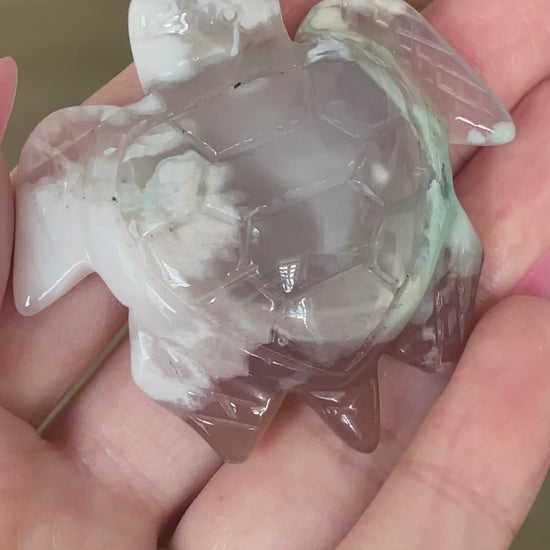 Green Flower Agate turtle carving for mindfulness, energy work, and crystal collectors.