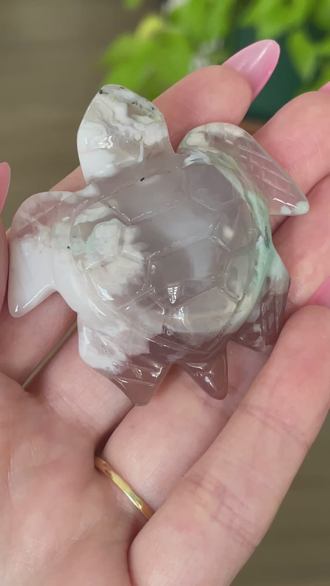 Green Flower Agate turtle carving for mindfulness, energy work, and crystal collectors.