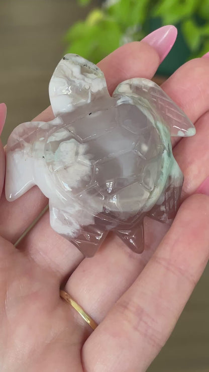 Green Flower Agate turtle carving for mindfulness, energy work, and crystal collectors.