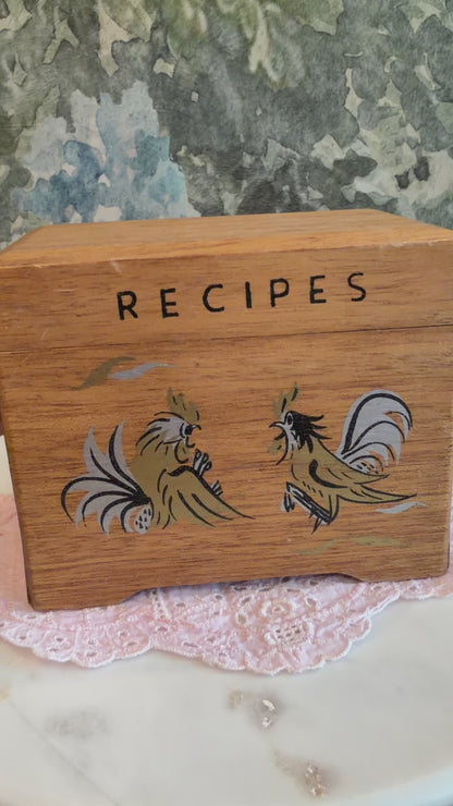 Vintage Wooden Recipe Box with Hand-Painted Roosters | Made in Japan | 1960s