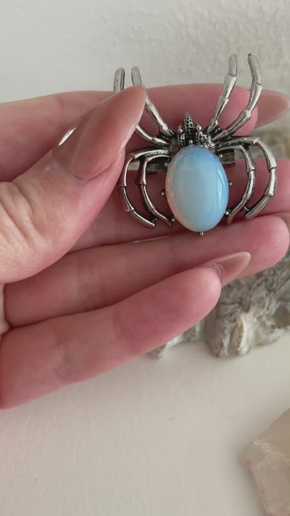 Opalite Spider | Silver Tone Pendant Brooch