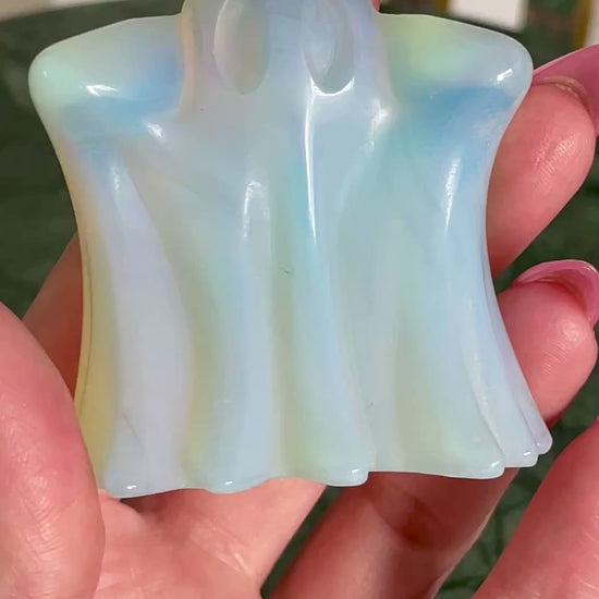 Opalite ghost carving crystal halloween decor spooky season gift for witch 2 inch altar piece dia de los muertos ofrenda ghost figurine polished crystal carving
