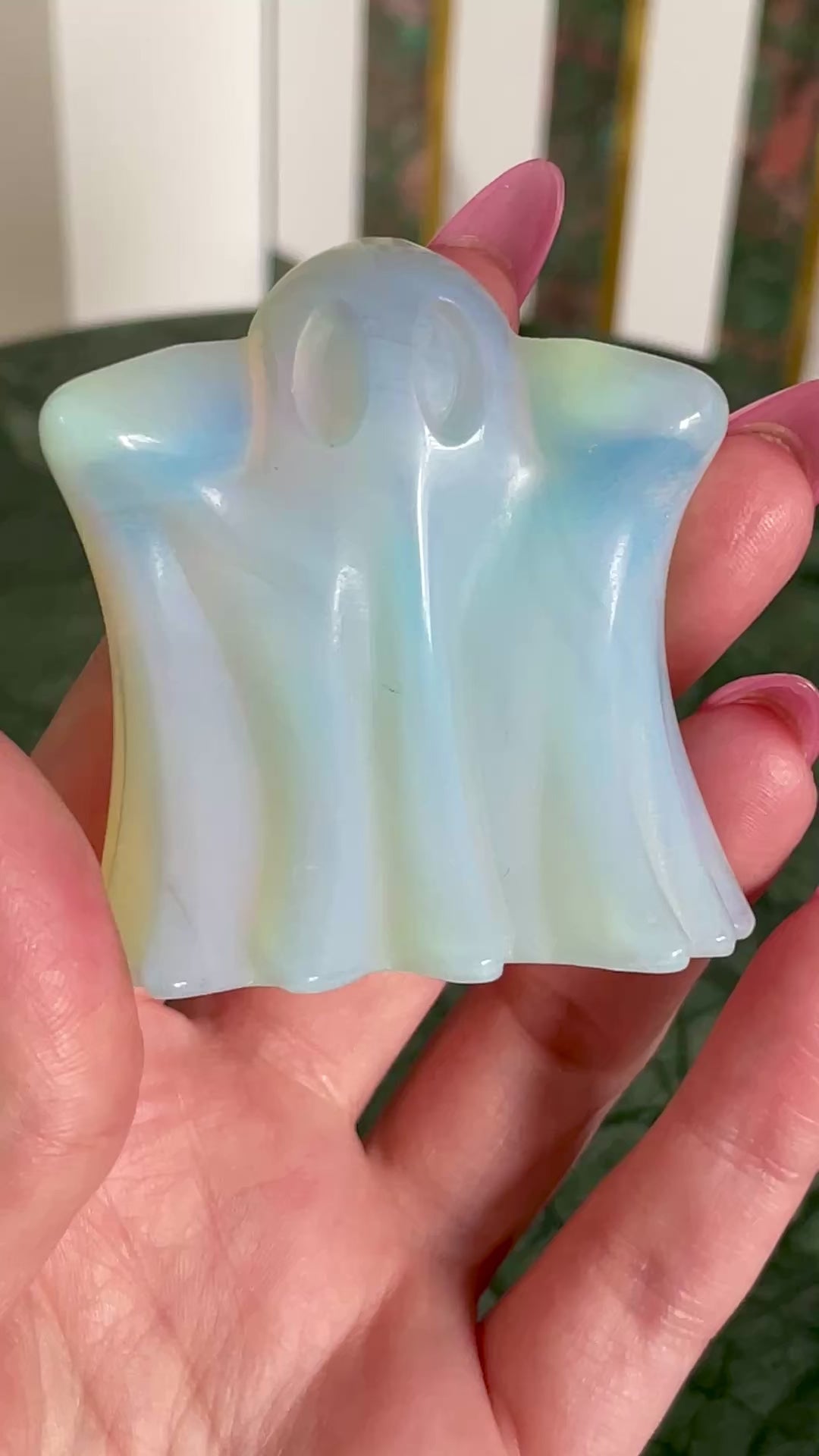 Opalite ghost carving crystal halloween decor spooky season gift for witch 2 inch altar piece dia de los muertos ofrenda ghost figurine polished crystal carving
