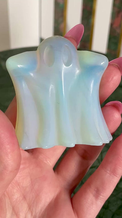 Opalite ghost carving crystal halloween decor spooky season gift for witch 2 inch altar piece dia de los muertos ofrenda ghost figurine polished crystal carving