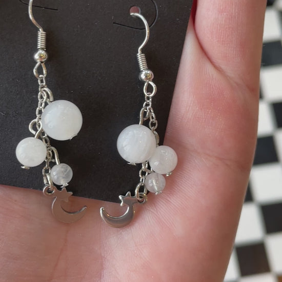 silver moon stars moonstone beads beaded dangle earrings crystal jewelry gift for wife gift for friend gift for girlfriend birthday anniversary white moonstone 