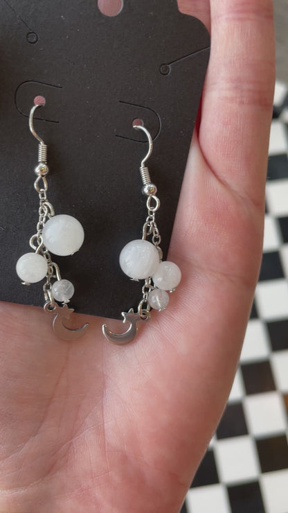 silver moon stars moonstone beads beaded dangle earrings crystal jewelry gift for wife gift for friend gift for girlfriend birthday anniversary white moonstone 