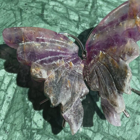 Natural Stone Butterfly Feathered Root Fluorite Crystal Carving Metaphysical Collection Display Spirit Guide Mineral Specimen Purple Gold Pattern Sacred Space Enhancement Spiritual Focus Object Beautiful Transformation Symbol Crystal Energy