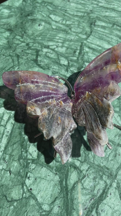 Natural Stone Butterfly Feathered Root Fluorite Crystal Carving Metaphysical Collection Display Spirit Guide Mineral Specimen Purple Gold Pattern Sacred Space Enhancement Spiritual Focus Object Beautiful Transformation Symbol Crystal Energy