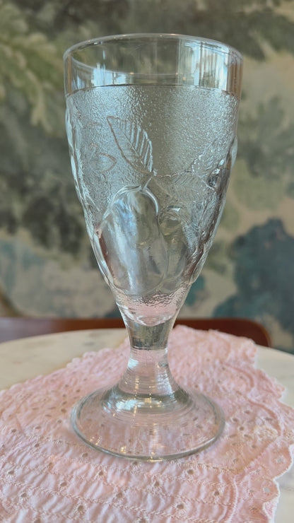 Set of 2 Vintage Pottery Barn “Orchard” Pressed Glass Fruit Footed 8 oz Goblets | Arcoroc France